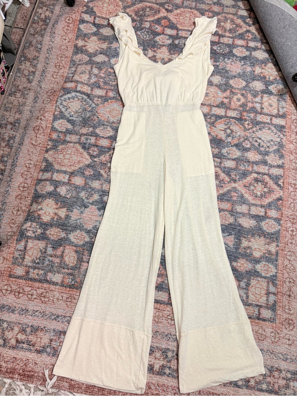 Free People Beach Linen Blend Calluna Jumpsuit Ruffle details tie back size XS - Picture 9 of 15